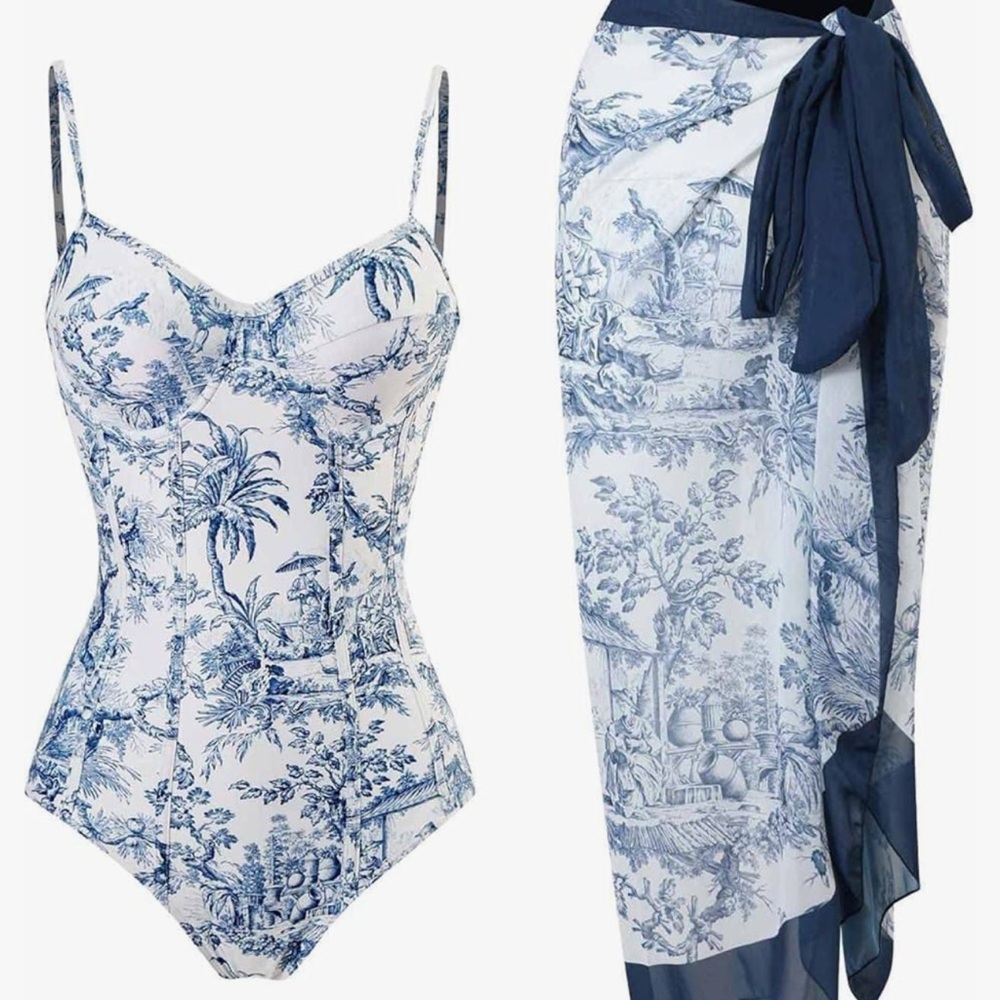Chic Blue and White Patterned Swim Set